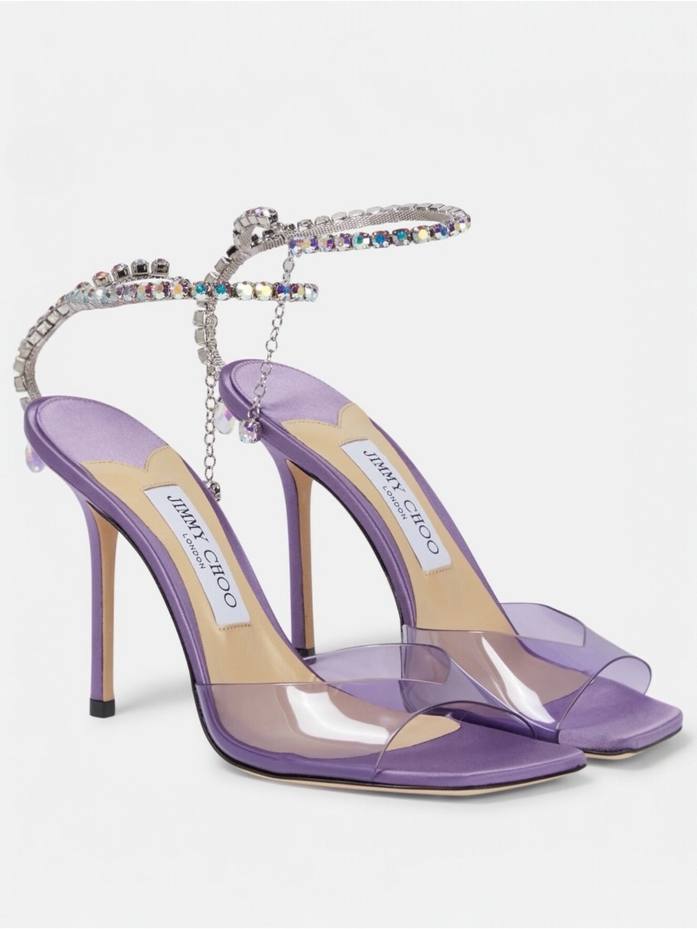 Jimmy Choo Women’s Saeda 100 Purple Plexi  Crystal Ankle Wrap Open Toe Sandals